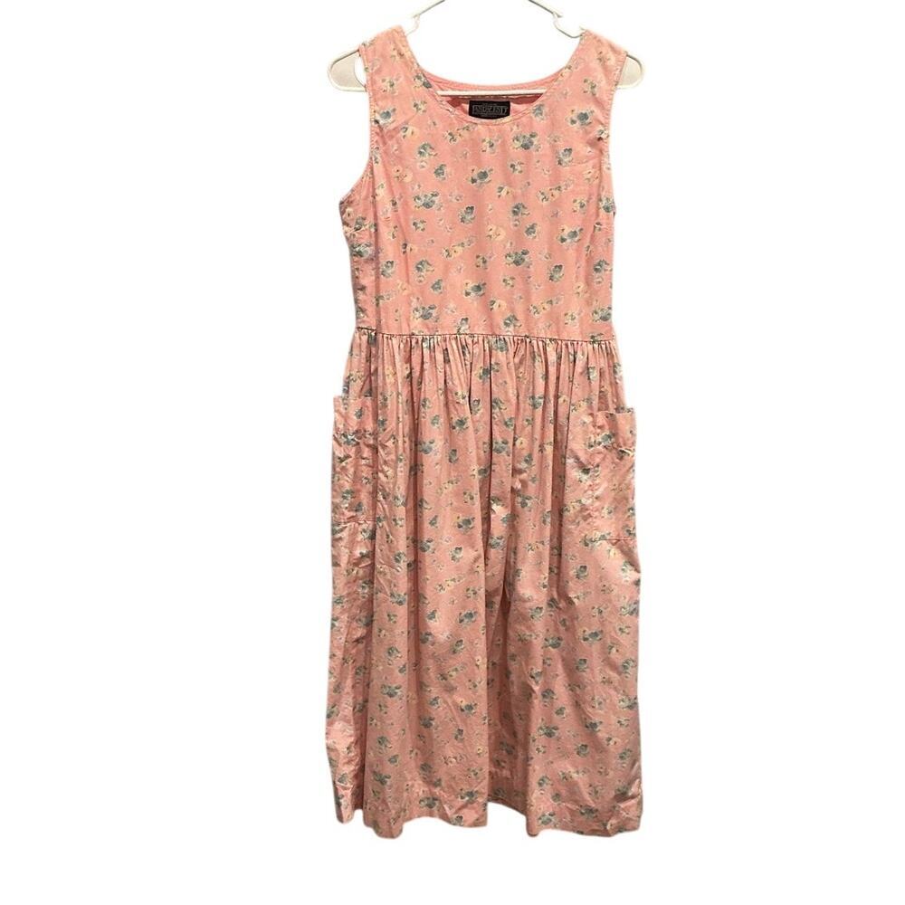 Vintage Lands End Womens Cottagecore Dress Chore Pocket Pink Floral Modest 90s M